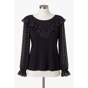 LOFT Black Ruffle Blouse Sheer Long Sleeves Polka Dot Chiffon XL
